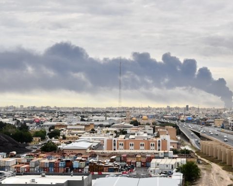 Smoke rises from Kuwait international airport after a drone strike on fuel storage in Kuwait City, Kuwait, Friday, Wednesday, March 25, 2026. (AP Photo)