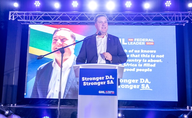 Cape Town Mayor Geordin Hill-Lewis announced his bid for Democratic Alliance (DA) federal leader position. (Photo by Gallo Images/ER Lombard)