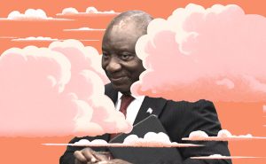 Cyril Ramaphosa in the clouds. Gallo Images/Ziyaad Douglas / Rawpixel / Currency collage