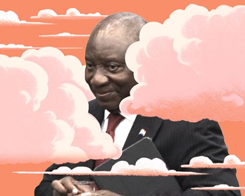 Cyril Ramaphosa in the clouds. Gallo Images/Ziyaad Douglas / Rawpixel / Currency collage