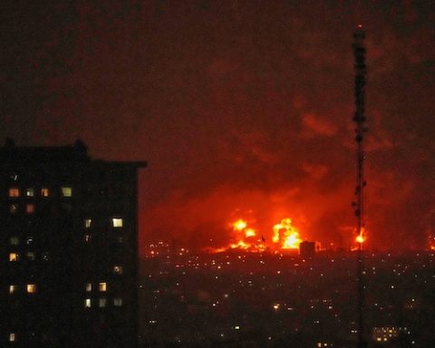 Flames rise from an oil storage facility south of the capital Tehran as strikes hit the city during the U.S.–Israel military campaign, Iran, Saturday, March 7, 2026. (AP Photo/Vahid Salemi)