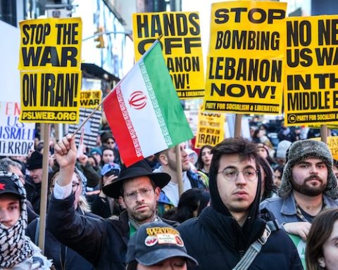 People march while taking part in a protest against the U.S.-Israeli war with Iran, and against conflict in Lebanon, Wednesday, April 8, 2026, in New York. (AP Photo/Ryan Murphy)