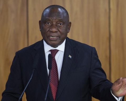 South African President Cyril Ramaphosa speaks with journalists after meeting with Brazilian President Luiz Inacio Lula da Silva at Planalto Palace in Brasilia, Brazil, Monday, March 9, 2026. (AP Photo/Luis Nova)