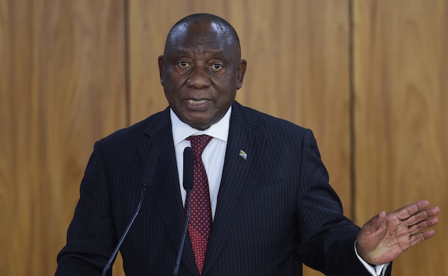 South African President Cyril Ramaphosa speaks with journalists after meeting with Brazilian President Luiz Inacio Lula da Silva at Planalto Palace in Brasilia, Brazil, Monday, March 9, 2026. (AP Photo/Luis Nova)