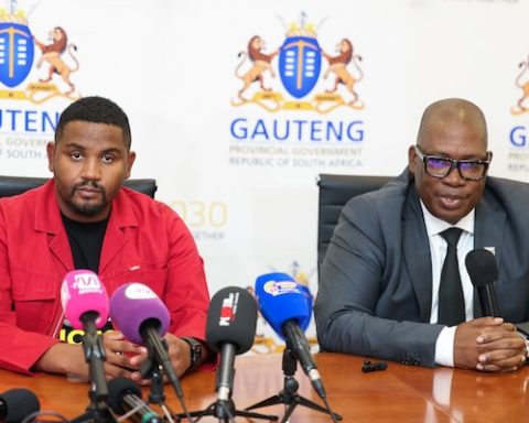 Nkululeko Dunga, the new Gauteng MEC for finance, and Gauteng Premier Panyaza Lesufi at Dunga's swearing-in cerremony on April 2. (Photo by Gallo Images/Luba Lesolle)