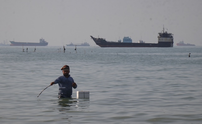 A man stands in the water, appearing to fish, as bulk carriers, cargo ships, and service vessels line the horizon in the Strait of Hormuz off Bandar Abbas, Iran, Monday, April 27, 2026.(Razieh Poudat/ISNA via AP)