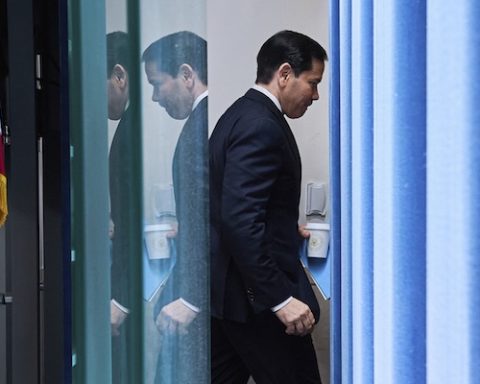 Secretary of State Marco Rubio leaves the room after speaking to the media in the James Brady Press Briefing Room of the White House, Tuesday, May 5, 2026, in Washington. (AP Photo/Jacquelyn Martin)