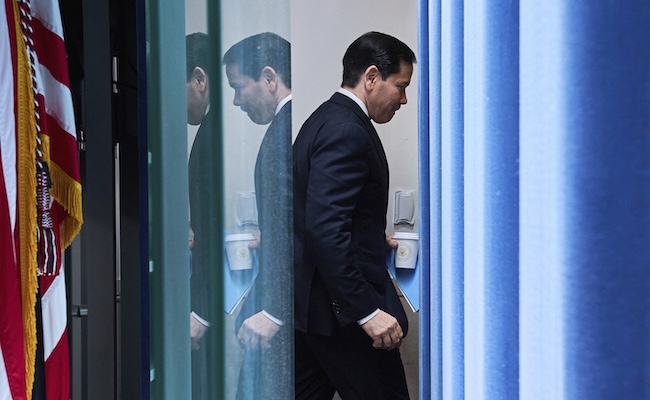 Secretary of State Marco Rubio leaves the room after speaking to the media in the James Brady Press Briefing Room of the White House, Tuesday, May 5, 2026, in Washington. (AP Photo/Jacquelyn Martin)