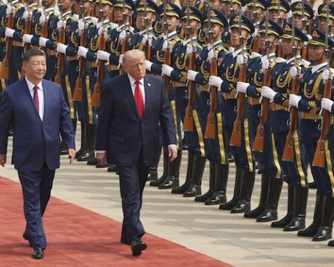 President Donald Trump participates in a welcome ceremony with China's President Xi Jinping at the Great Hall of the People, Thursday, May 14, 2026, in Beijing. (AP Photo/Mark Schiefelbein)