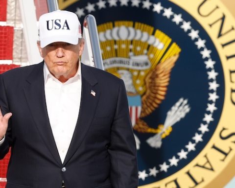 President Donald Trump walks down the stairs of Air Force One upon his arrival at Joint Base Andrews, Md., Friday, May 15, 2026. (AP Photo/Luis M. Alvarez)