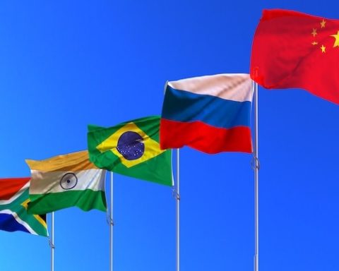 National flags of BRICS countries: South Africa, India, Brazil, Russia and China (L-R) are seen on September 18, 2021 in Zhengzhou, Henan Province of China. The 15th BRICS summit is set to run from August 22nd to 24th in Johannesburg. (Photo by Li Qingsheng/VCG via Getty Images)