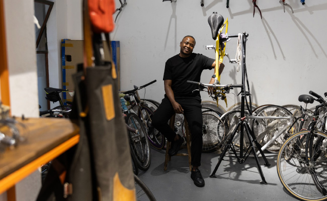 Titi Mashele, founder of the Bandits cycling club in his shop at 44 Stanley in Johannesburg. March 26, 2026. OUR CITY NEWS/James Oatway