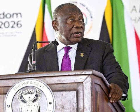 BLOEMFONTEIN - APRIL 27: President Cyril Ramaphosa speaks at the National Freedom Day Commemoration at Dr Rantlai Molemela Stadium on April 27, 2026, in Bloemfontein, South Africa. (Photo by Gallo Images/Volksblad/Mlungisi Louw)