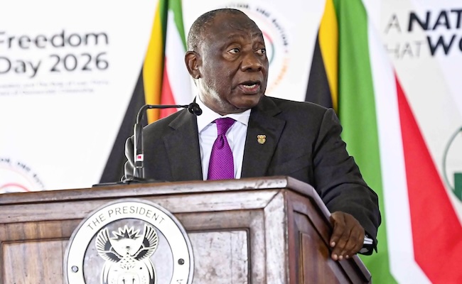 BLOEMFONTEIN - APRIL 27: President Cyril Ramaphosa speaks at the National Freedom Day Commemoration at Dr Rantlai Molemela Stadium on April 27, 2026, in Bloemfontein, South Africa. (Photo by Gallo Images/Volksblad/Mlungisi Louw)