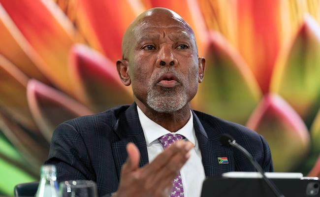 South Africa's Reserve Bank Governor Lesetja Kganyago speaks during the G20 news conference at World Bank/IMF Annual Meetings at the International Monetary Fund (IMF) headquarters in Washington, Thursday, Oct. 16, 2025. (AP Photo/Jose Luis Magana)