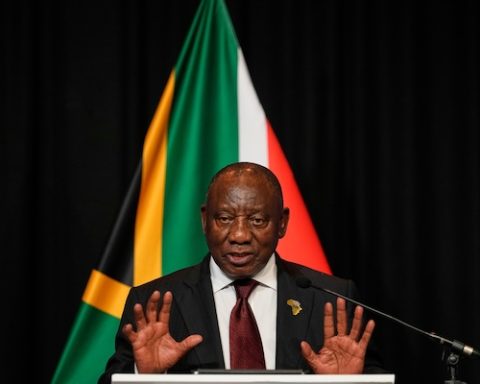 South African President Cyril Ramaphosa address the media with EU leaders in Johannesburg, South Africa, Thursday, Nov. 20, 2025. (AP Photo/Themba Hadebe)