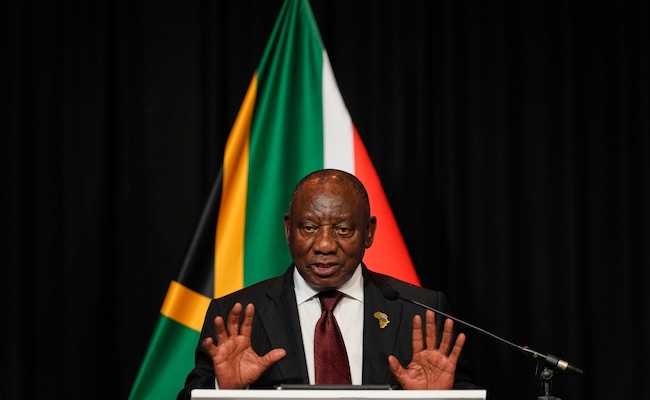 South African President Cyril Ramaphosa address the media with EU leaders in Johannesburg, South Africa, Thursday, Nov. 20, 2025. (AP Photo/Themba Hadebe)